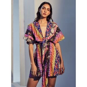 NWOT AMUR Nyla Front Tie Patchwork Black Floral Stripe Kimono Wrap Dress 2